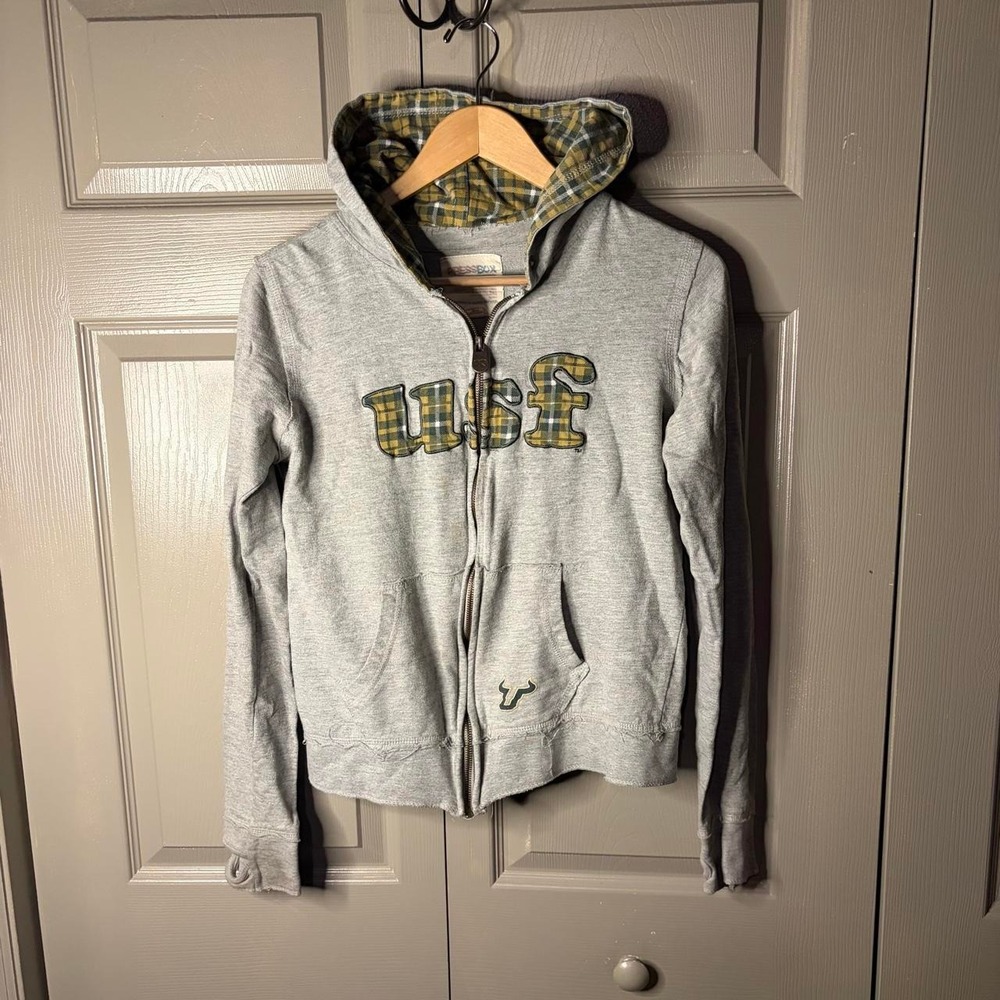 Pressbox USF Bulls Plaid Zip Up Hoodie Womens Large Grey Y2K College Sweatshirt